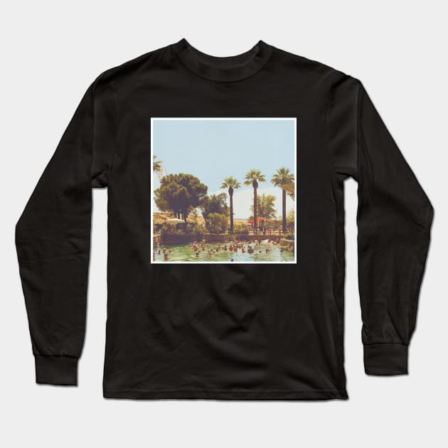 Beautiful Palm Trees Photography design with blue sky and swimming pool holiday vibes Long Sleeve T-Shirt by BoogieCreates